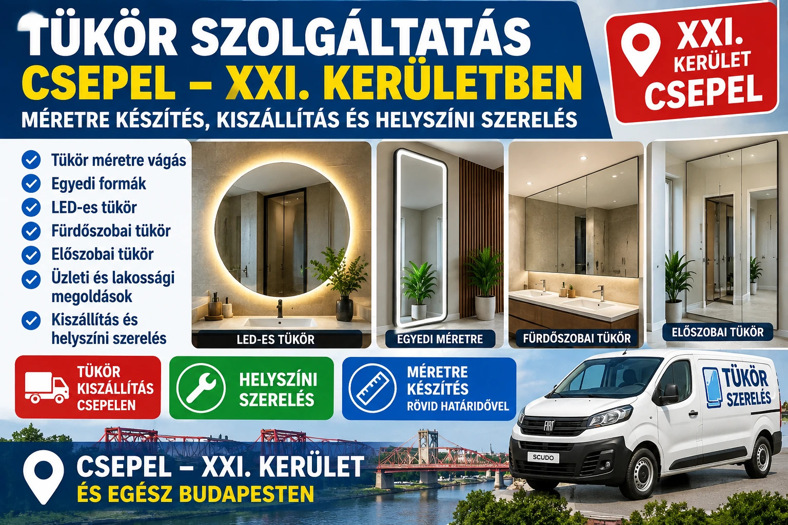 Üveges Budapest XXI. kerület, Csepel – tükör méretre készítés, LED-es tükrök, kiszállítás és helyszíni szerelés.