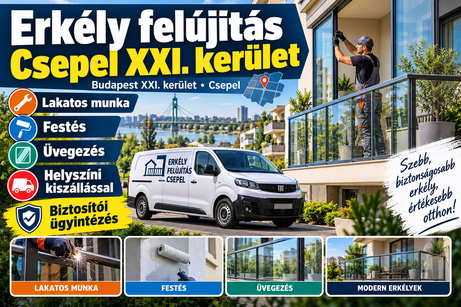 Erkélyfelújítás Budapest XXI. kerület, Csepel – erkélyüveg csere, lakatosmunka, festés, helyszíni üvegezés, kiszállás és biztosítós ügyintézés.